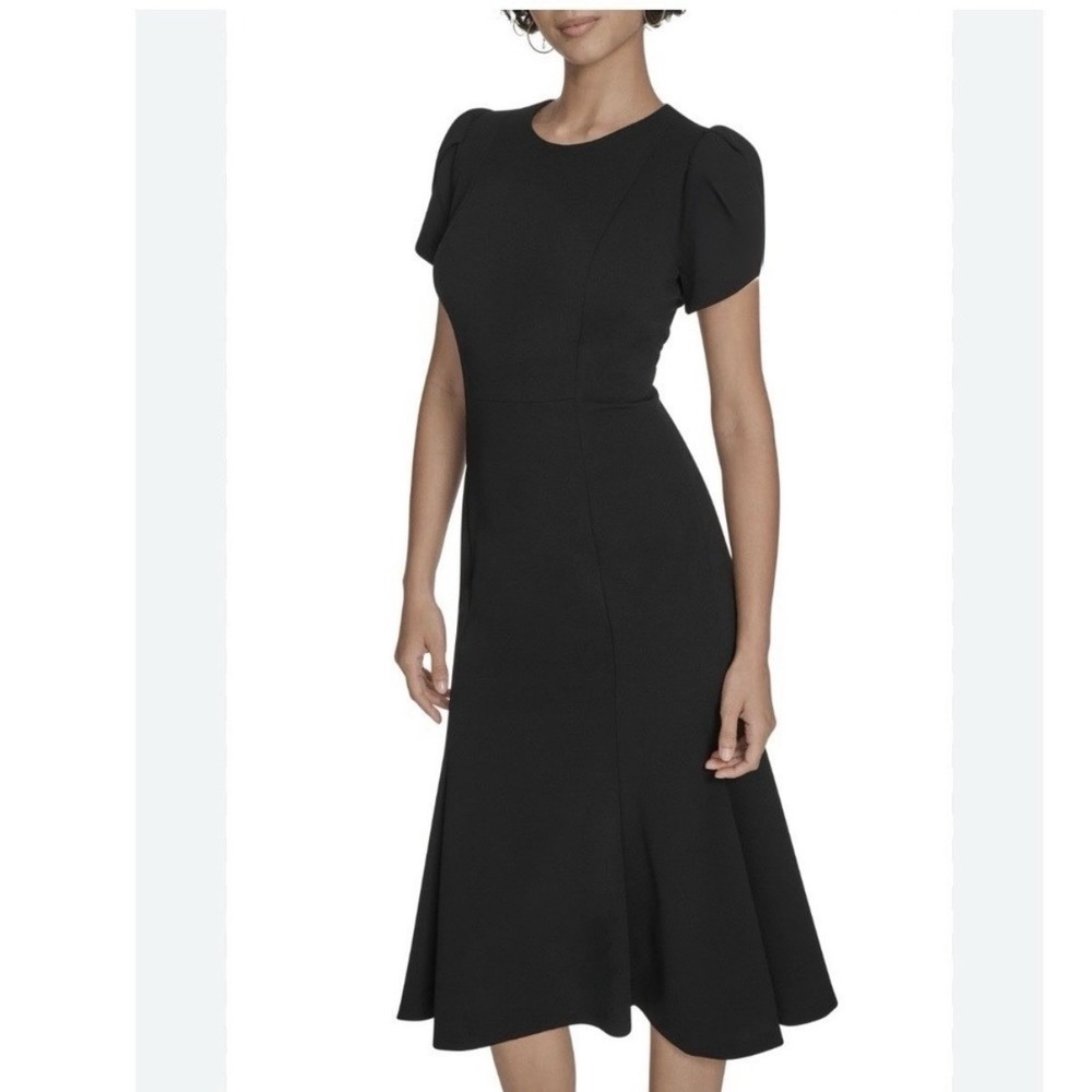 Calvin Klein Black Stretch Crepe Puff Sleeve Flare Midi Dress Size 4